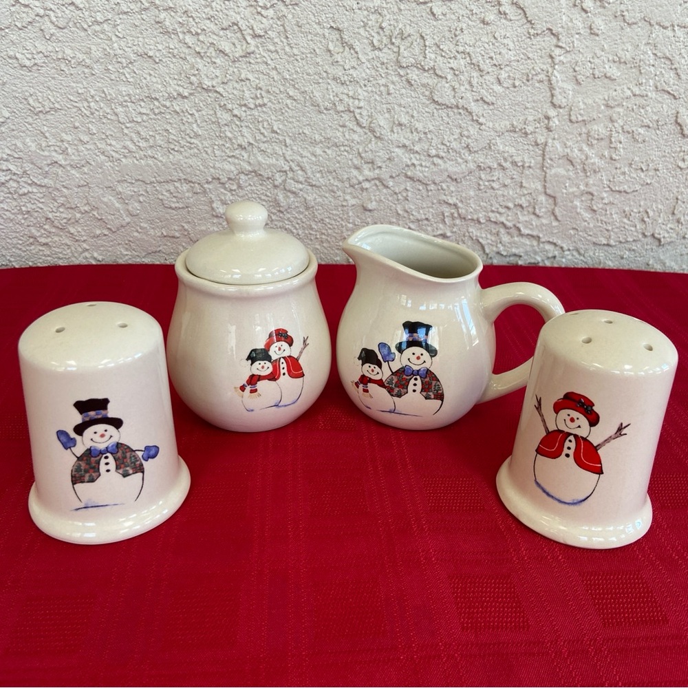 Snowman Stoneware Sugar Bowl, Creamer, Salt  +  Pepper Shakers - Vintage 80s